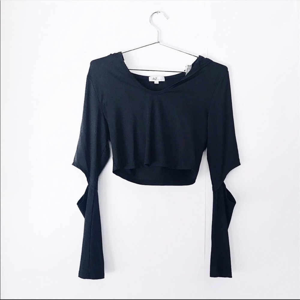 Black cropped open elbow lightweight hoodie